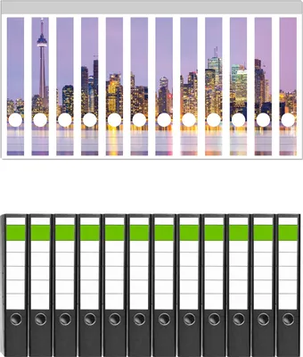 Produktbild von Wallario 12 Stück schmale Ordner inkl. Klebeetiketten mit Motive Toronto Skyline - Kanada am Abend -  Set mit Rückenschildern / Ordnerrücken Stickern