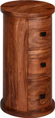 A cylindrical wooden cabinet with three drawers.