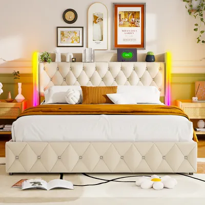 Immagine prodotto di UnboxG Letto imbottito 140x200cm con USB e Type-C, letto a molle idrauliche con LED, letto matrimoniale in legno con testata contenitore, beige