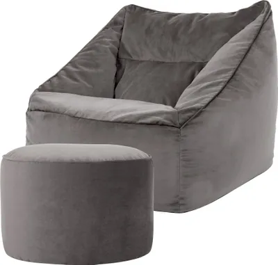 Produktbild von icon Riesen-Sitzsack Bean Bag Natalia mit Sitzpuff, 100cm X 80cm, Grau, Samt XXL Sitzsack Erwachsene mit Füllungen Für Das Wohnzimmer, Riesen-Sitzsack XXL Weicher Samt - Hergestellt in Deutschland
