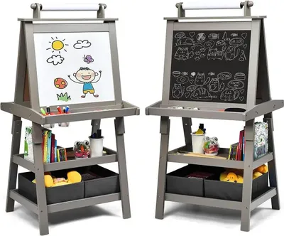 Immagine prodotto di Cavalletto per bambini - Tavola da disegno 3 in 1 - Lavagna bianca e lavagna per gessetti su entrambi i lati - Rotolo di carta - 2 livelli - 2 contenitori - Età 3-6 anni - Grigio