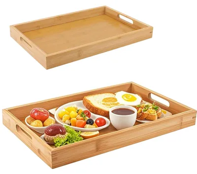 Immagine prodotto di Vassoio in legno - Rettangolare - 2 pezzi - 41x29x4 cm / 38x25x4 cm - Antiscivolo - Vassoio per la colazione - Ideale per la cucina/feste - Sottopiatti