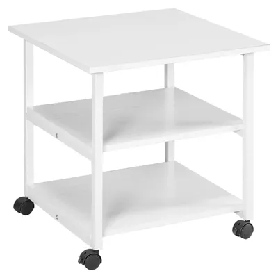 A white three-tier printer stand with wheels on a white background.