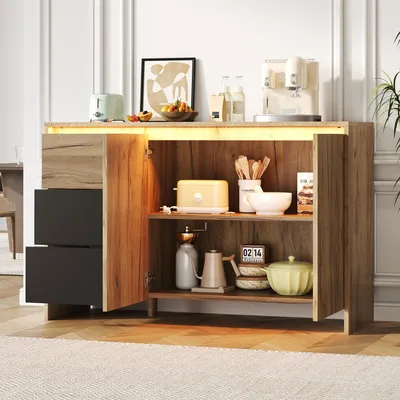 Image de Buffet 120 cm, 3 tiroirs, 2 portes, éclairage LED, naturel + noir, 120 x 40 x 76 cm