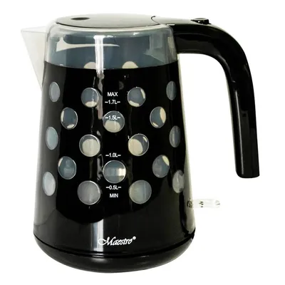 A black electric kettle with clear water level indicators and a polka dot pattern, shown on a white background.