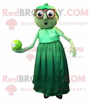 Produktbild von Grüner REDBROKOLY Pétanque-Ball Maskottchen Kostüm charakter bekleidet mit einem Abendkleid und einer Lesebrille