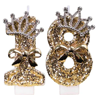 Zahlenkerzen-Set 1 & 8, Gold Glitter, 18. Geburtstag, mit Krone