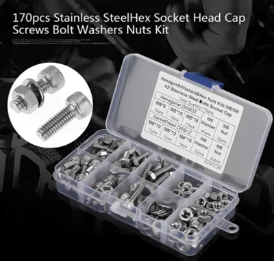 Image de 170 pièces en acier inoxydable M5/M6 vis à tête cylindrique à six pans creux, vis, rondelles, écrous Kit
