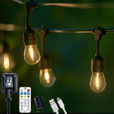 Produktbild von LUMILED solárne rozprávkové svetlá pre exteriér 15M S14 22x LED + 2 náhradné žiarovky, teplá biela 2700K IP65 8 prevádzkových režimov, s diaľkovým ovládaním, solárny panel s batériou 1800mAh, solárne rozprávkové svetlá žiarovky solárne lampy záhradné vonkajšie rozprávkové svetlá