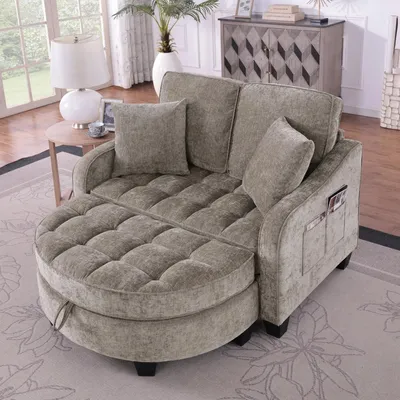 Immagine prodotto di Divano letto multifunzionale 2 in 1 con poggiapiedi, tessuto traspirante, struttura in legno di eucalipto, ideale per soggiorno, studio e camera da letto, marrone