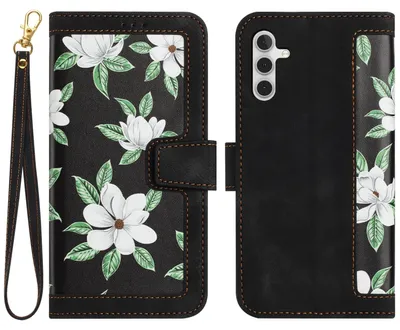 Image de Étui portefeuille en similicuir pour Samsung Galaxy S25 5G, motif floral, noir