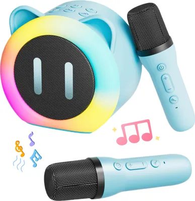 A light blue karaoke machine shaped like a pig, with two microphones and musical notes.