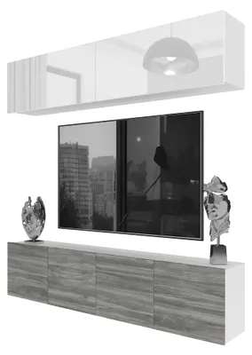 Produktbild von BELINI Wohnwand MILANO 6 Wohnzimmer 200 cm - Weiß Hochglanz/Grau Matt, Moderne Schrankwand Set, Anbauwand TV-Schrank Griffloses System