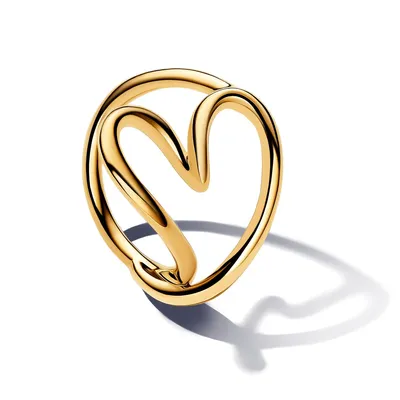 A gold ring shaped like a heart on a white background.