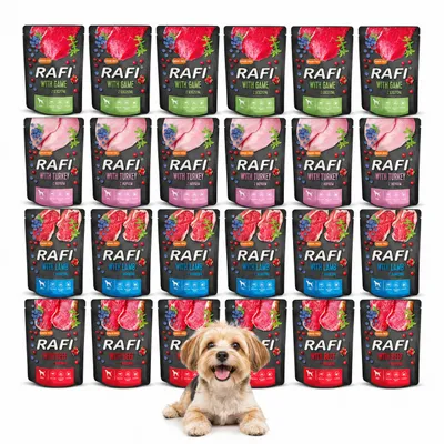Zdjęcie produktu dla RAFI Karma Mokra dla Psów 24 × 300 g w saszetkach – Mix 4 Smaków, Saszetki: Jagnięcina, Wołowina, Indyk, Dziczyzna, productTiles.product.images.aiGenerated