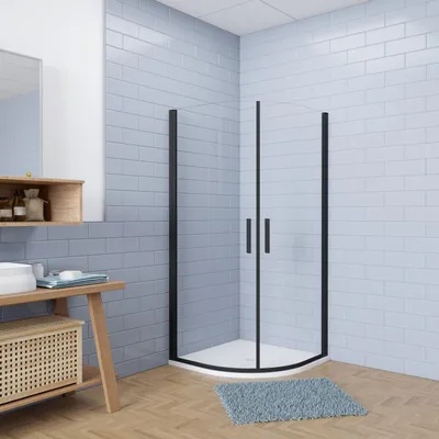 Produktbild von 90x90xH.195cm Runddusche Drehtür Dusche Viertelkreis Schwarz Duschkabine 6mm NANO ESG Sicherheitsglas mit 90x90x3cm Runddusche Duschwanne Viertelkreis runde Duschtasse mit Ablaufgarnitur plastik Ablaufabdeckung