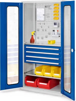 Produktbild von Werkzeugschrank, Türen mit Sichtfenster, 4 Schubl. + 2 Fachb., BxTxH 1000x600x1950 mm, RAL 7035/5010