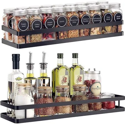 Produktbild von Ibenzoa® Gewürzregal Set 2 – schwarzes Edelstahl-Wand- & Schrankregal 40 x 12 x 5,5 cm, bohrfreie Montage, Küchen- & Bad-Organizer