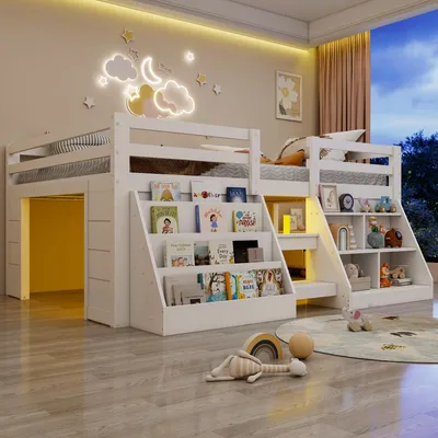 Produktbild von Flieks Kinderbett 140x200cm mit 2 Regal, Etagenbett Hochbett mit Led, Stockbett Holzbett mit Rausfallschutz, Doppelbett mit Lattenrost, Weiß