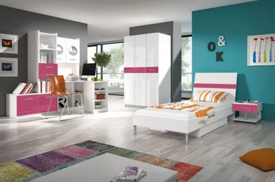 Produktbild von Modernes Kinderzimmer Rosa Mädchen Schrank Bett Tisch Holz 5tlg. Schlafzimmer