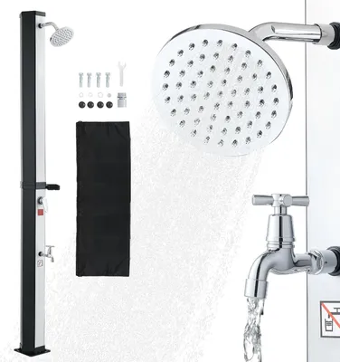 Immagine prodotto di Doccia solare - Doccia da giardino / doccia esterna 35 l - Altezza 216 cm - Acqua calda e fredda - Miscelatore a pedale e portasapone - Fino a 60 °C - Nero/argento