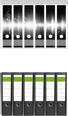 Produktbild von Wallario 6 Stück breite Ordner inkl. Klebeetiketten mit Motive Noten der Musik in schwarz und weiß -  Set mit Rückenschildern / Ordnerrücken Stickern