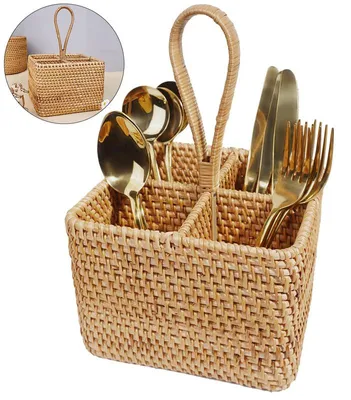 Produktbild von Korb aus Naturweide für Besteck – 4 Fächer, mit Tragegriff, Ø 18 cm – Vielseitig für Küche, Büro, Picknick & Camping