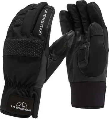 Schwarze isolierte Kletterhandschuhe "Supercouloir" von La Sportiva mit griffigen Handflächen und elastischem Bündchen.