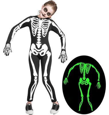 Productafbeelding van Kinderkostuum van een skelet, inclusief handschoenen, uni, fluorescerend, geschikt voor Halloween en cosplay, maat L (10-12 jaar)