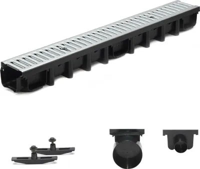 Produktbild von 1m Entwässerungsrinne Terrassenrinne Stahlrost verzinkt komplett SET, System A15 98mm
