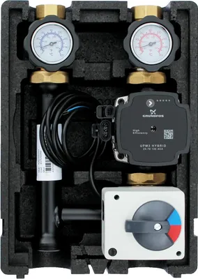 Produktbild von EcoMix ENT001 Heizkreispumpengruppe mit Drei-Wege-Mischer, Elodrive ST06 Stellmotor und Grundfos UPM3 Hybrid 25/7 Hocheffizienzpumpe