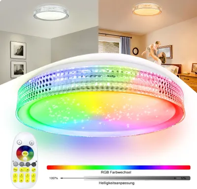 Produktbild von XINZI 60W LED Deckenleuchte Dimmbar, RGB Farbwechsel Deckenlampe mit Fernbedienung, Acryl Strasssteine Sternenhimmel Lampe (Weiß)