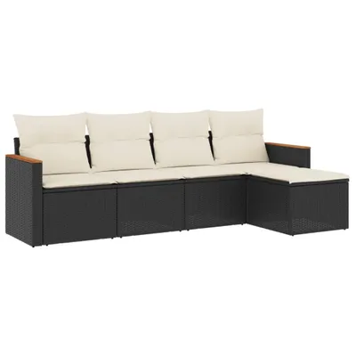 Produktbild von Modulare 5-teilige Garten-Sofagarnitur, PE-Rattan Schwarz, wetterfest, für Terrasse & Balkon, mit abnehmbaren Cremeweißen Kissen
