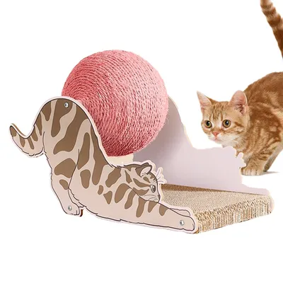 Produktbild von Katzenförmiges Kratzbrett mit Ball, langlebig und ideal zum Krallenwetzen und Spielen für Kätzchen, Größe: 42 × 23,5 × 28 cm