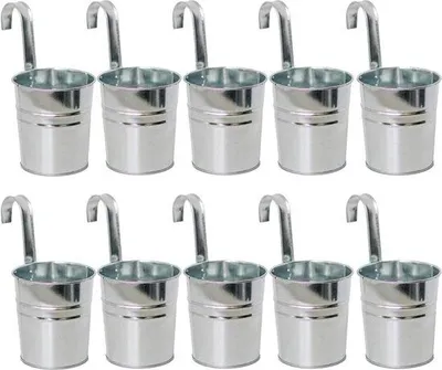 Obrázek produktu pro Kovové závěsné květináče s visícími květináči 10 cm – sada 10 kusů – závěsné květináče – květináče s odnímatelným háčkem na balkon – zahradní dekorace – stříbrná