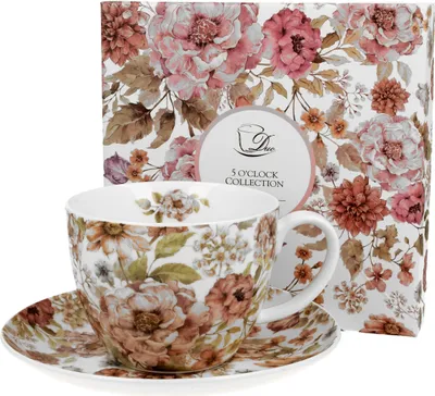 Produktbild von DUO FLORAL Jumbobecher 470 ml PASTEL FLOWERS mit Untertasse, New Bone China Porzellan