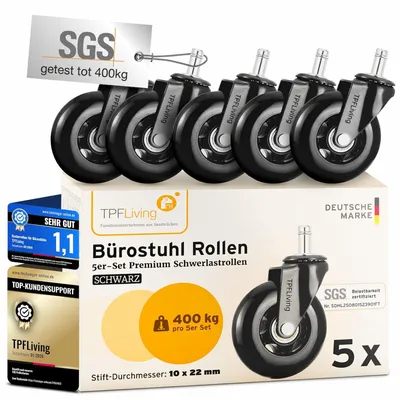 Produktbild von Bürostuhlrollen 10 mm x 22 mm, 5 Stück, 400 kg, für Bürostuhl