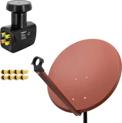 A satellite dish, LNB, and F-connectors are displayed against a white background.