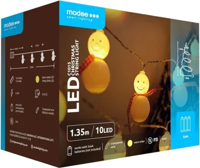 Zdjęcie produktu dla Modee Lighting Łańcuch świąteczny LED, 10 diod LED, 1,35 m, zasilanie 2 baterie AA, ciepła biel, bałwanki