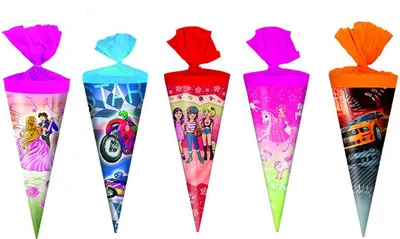 Produktbild von 5x Schultüte / Zuckertüte / Länge: 25cm / rund / 5 verschiedene Motive