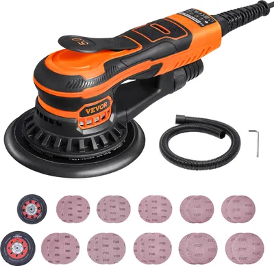 A VEVOR brand electric orbital sander with accessories, including sandpaper and a hose, displayed on a white background.