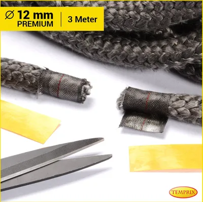 Produktbild von Temprix Kamindichtung & Ofendichtung Ø 12 mm Premium - 3 Meter inkl. Kleber | feuerfeste Ofenschnur, Kaminschnur & Dichtband bis 650°C temperaturbeständig | Dichtung für Kamin, Ofen & Grill