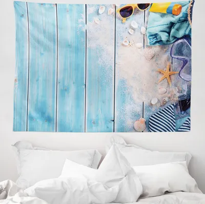 Produktbild von ABAKUHAUS maritim Wandteppich, Strand-Thema-Elemente Foto aus Weiches Mikrofaser Stoff Waschbar ohne Verblassen Digitaldruck, 150 x 110 cm, Himmelblau und Mehrfarbig