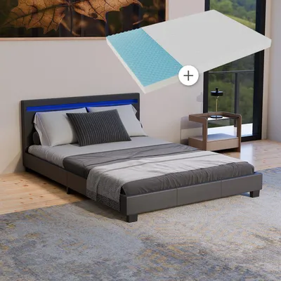 Produktbild von Juskys Polsterbett Paris 140 x 200 cm Kunstleder mit LED, Matratze & Lattenrost - Schwarz