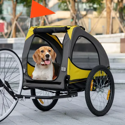 Produktbild von Fahrradanhänger Hund, Hundeanhänger mit Netzfenster & Universalkupplung, Oxford & Stahl, Gelb | 140 x 71 x 83 cm | bis 20 kg | 13,5 kg