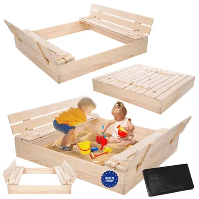 Produktbild von MODO24 Sandkasten Holz, mit Deckel, Sitzbänken, Holzsandkasten, Kinder Gartenspielzeug, Outdoor, 120x117 cm, Braun Imprägniert, PIA