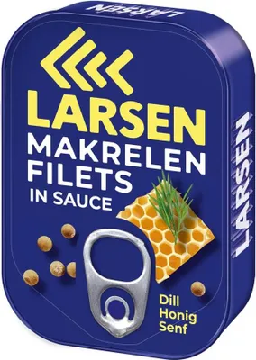 Produktbild von LARSEN Makrelenfilets verfeinert mit Dillspitzen in Honig-Senf-Sauce 110g