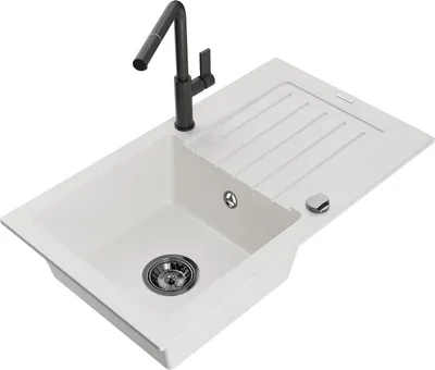 Produktbild von Mexen Pablo 1 Becken-Granitspüle mit Abtropffläche und Mischbatterie Flora, Weiß - 6510-20-670401-70-B