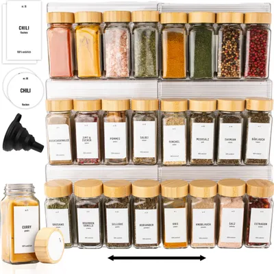 Obrázek produktu pro sada 2 bambusových zásuvek na koření s 24 dózami na koření, 144 štítků, nálevka - DECO HAUS (BAMBOO)