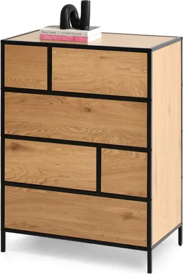 Produktbild von Kommode MAIRA Eiche/Schwarz mit 6 Schubladen, 96x70x40 cm (HxBxT), schwarze Metalllinien